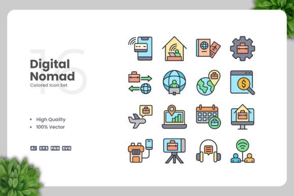 Digital Nomad Colored Icons: Essential Graphics