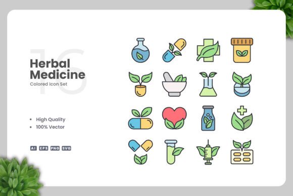 Herbal Medicine Colored Icons: Premium Graphics