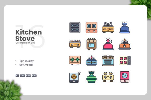 Kitchen Stove Colored Icons: Essential Graphics for Crafters