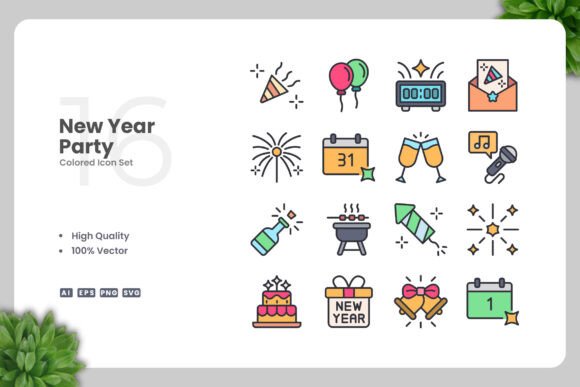 New Year Party Colored Icons: Graphics & Icons Review